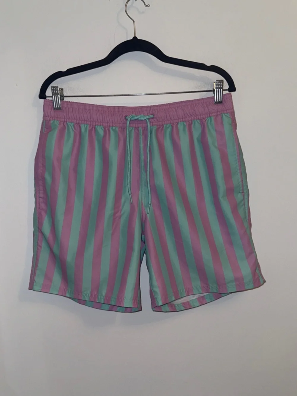 MAD Engine Men’s Swim Trunks Medium Pink Mint Stripe Retro Beach Shorts Lined